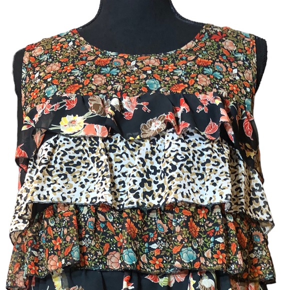 Tiered Mixed Print Ruffled Chiffon Sleeveless Top LUXE by NYC Design Co M - Picture 7 of 11